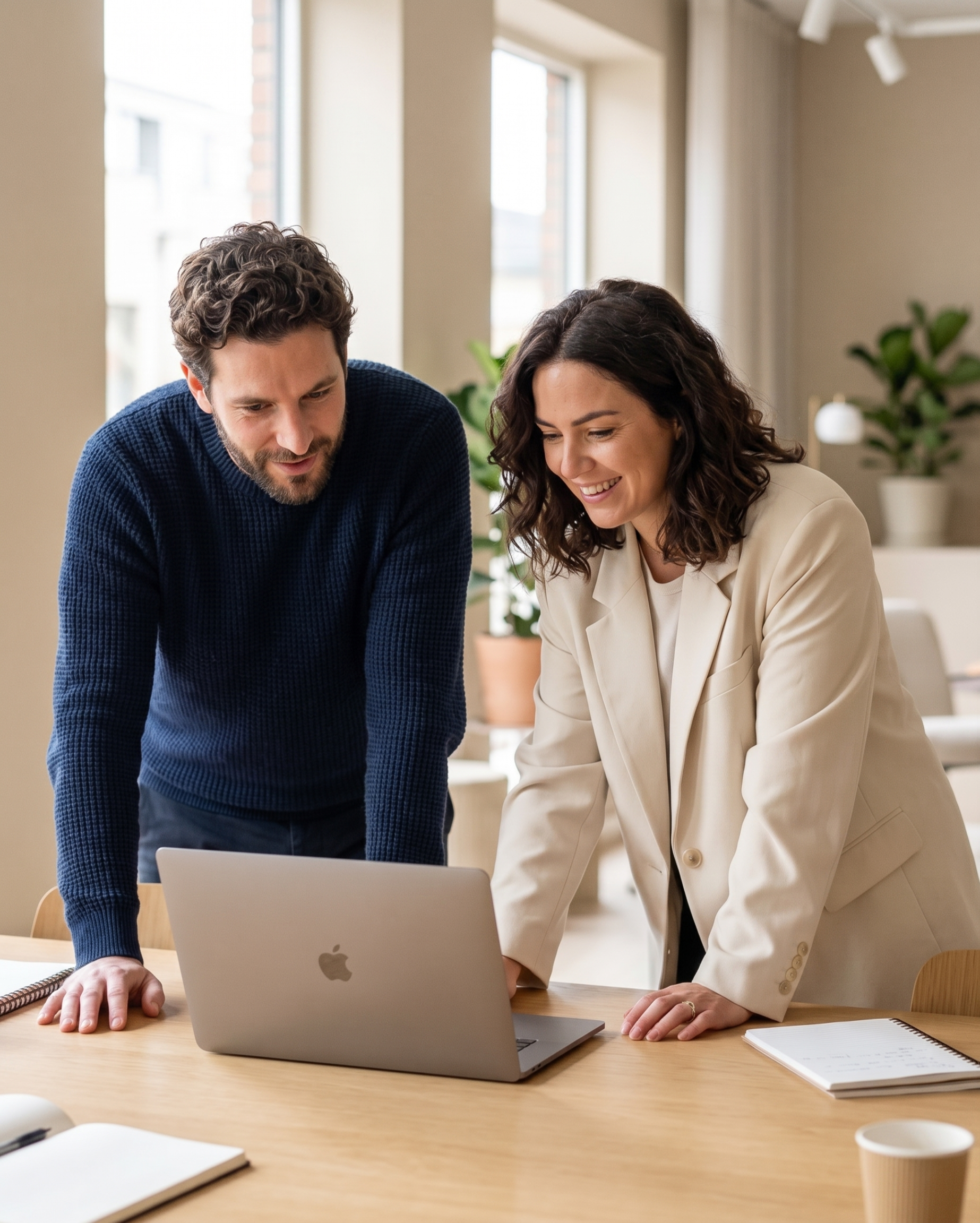 Due professionisti collaborano su un laptop in ufficio luminoso